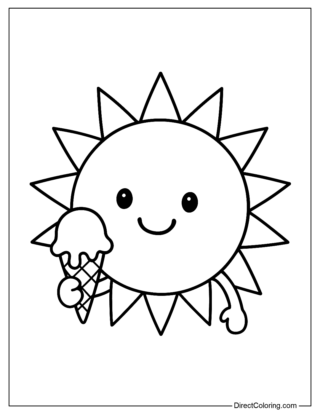 coloring page of the Sun holding a melting ice cream, cute cartoon style